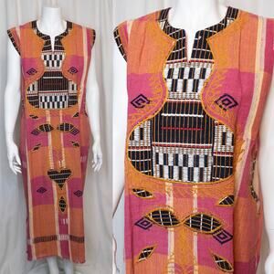 VINTAGE '70s Hand Woven Embroidered Pink & Orange Kaftan Tunic Dress ONE SIZE